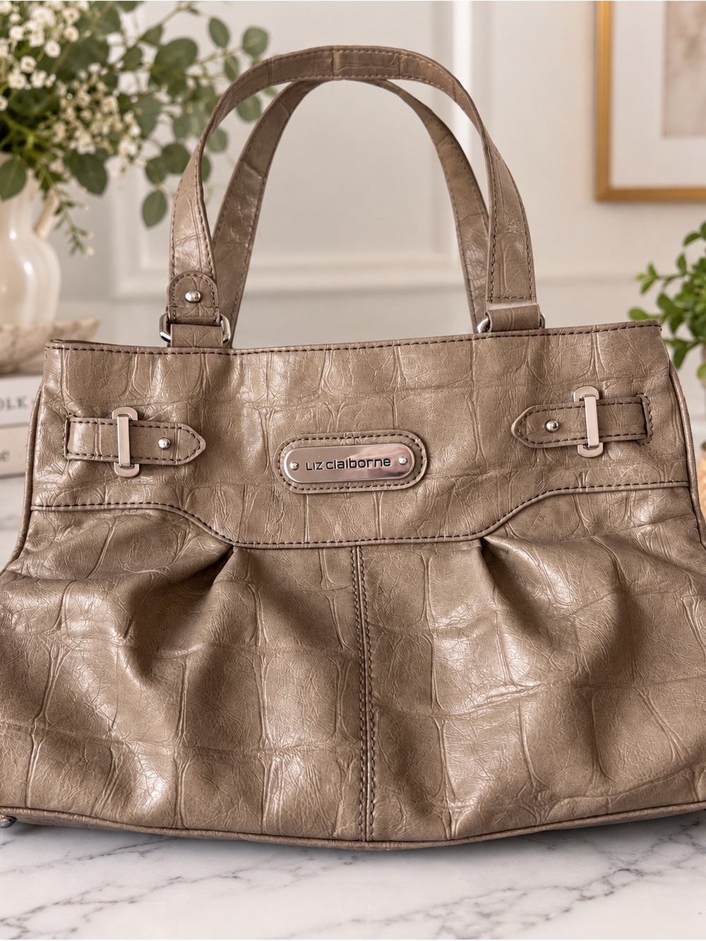 Liz Claiborne Taupe Croc Embossed Satchel Shoulder Bag Y2K